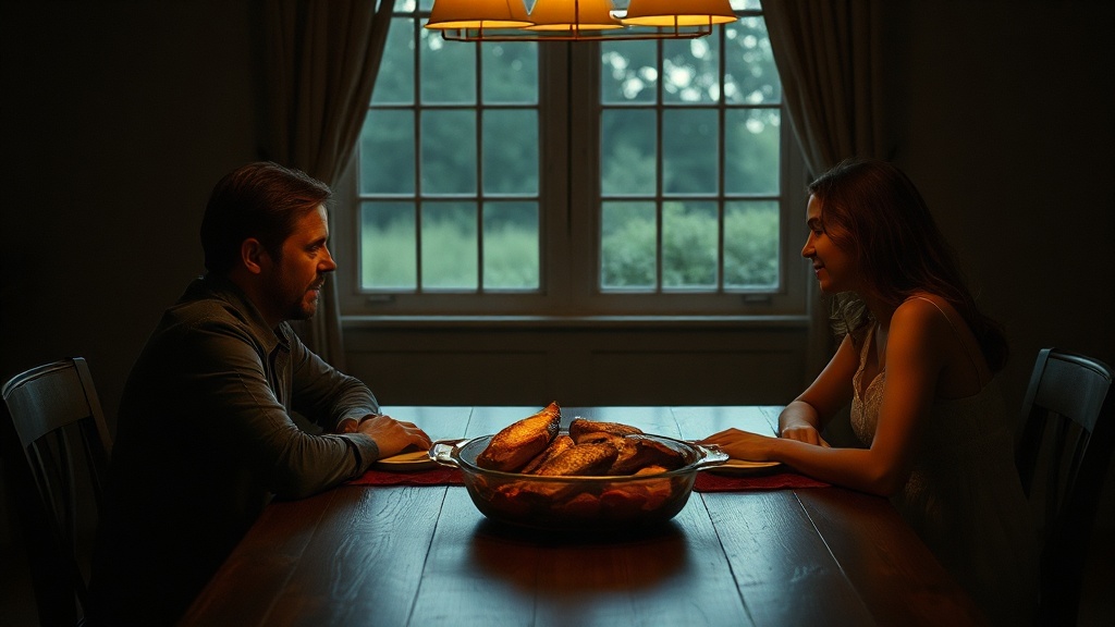 A couple sitting in silence at a dinner table with burned food between them