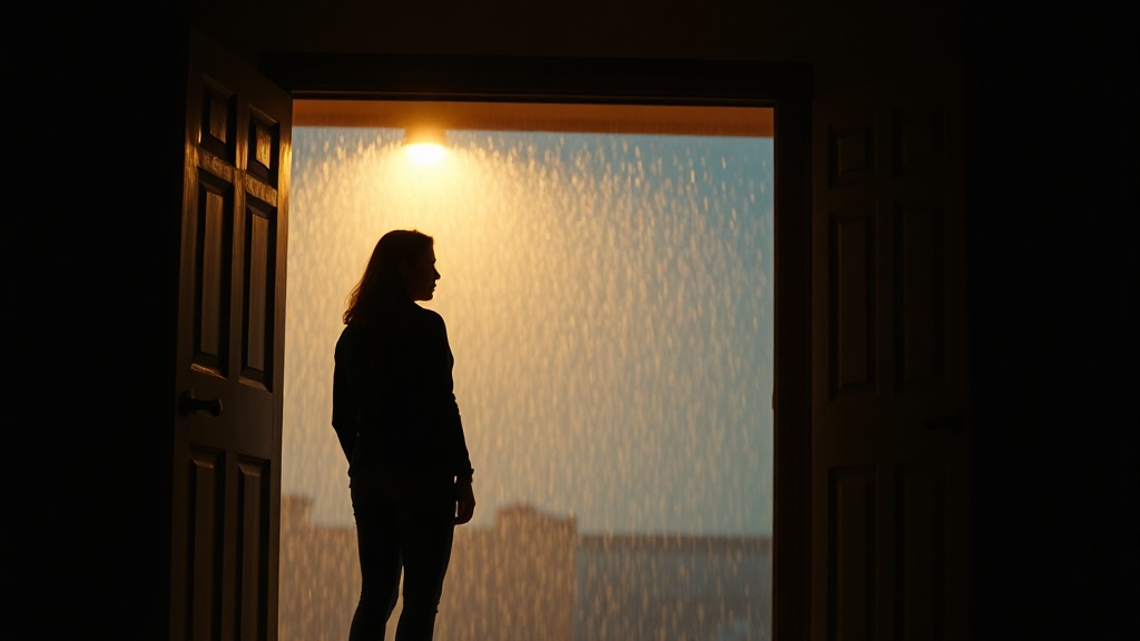 A person standing alone in a doorway watching rain fall outside