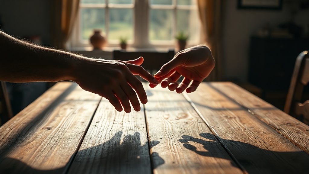 Two hands reaching toward each other across a wooden table but not quite touching