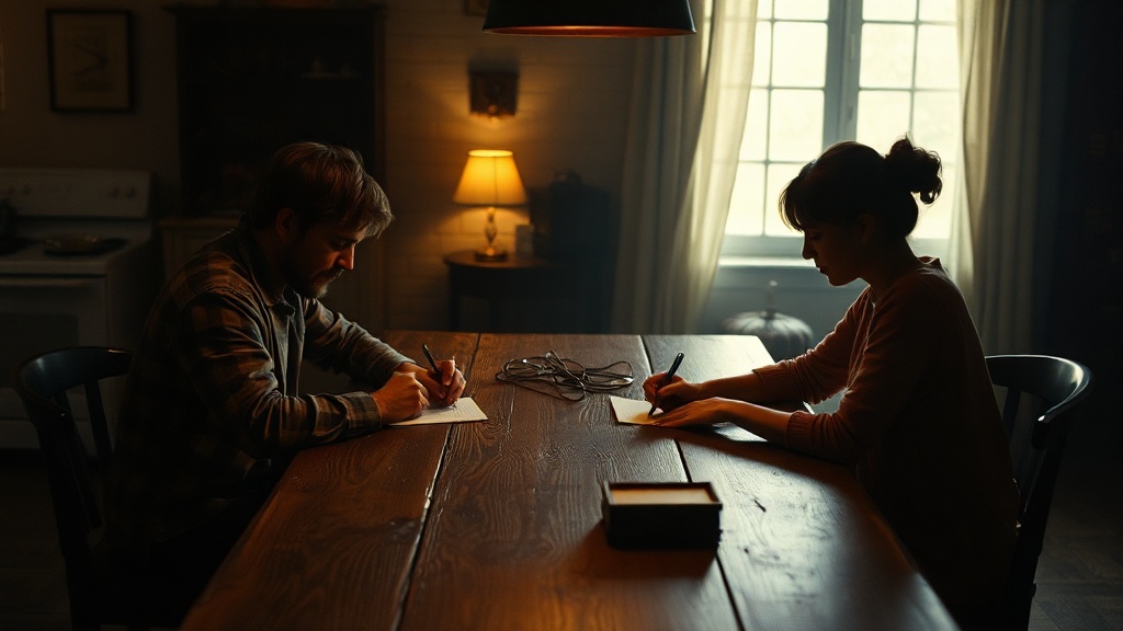 Two people writing letters across a table with warm lamplight