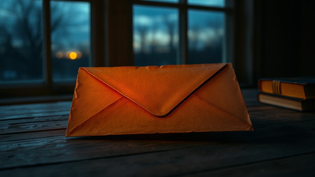 A sealed letter glowing softly on a wooden desk at dusk