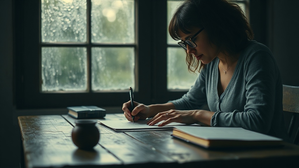 A woman writing by hand at a wooden desk near rain-streaked window