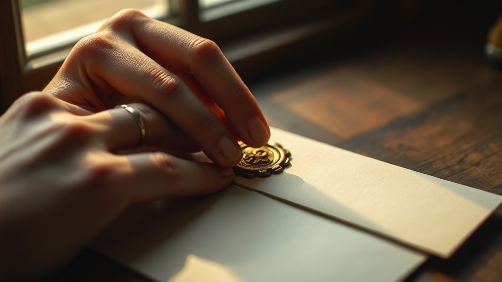 Hands sealing an envelope with wax stamp in soft window light