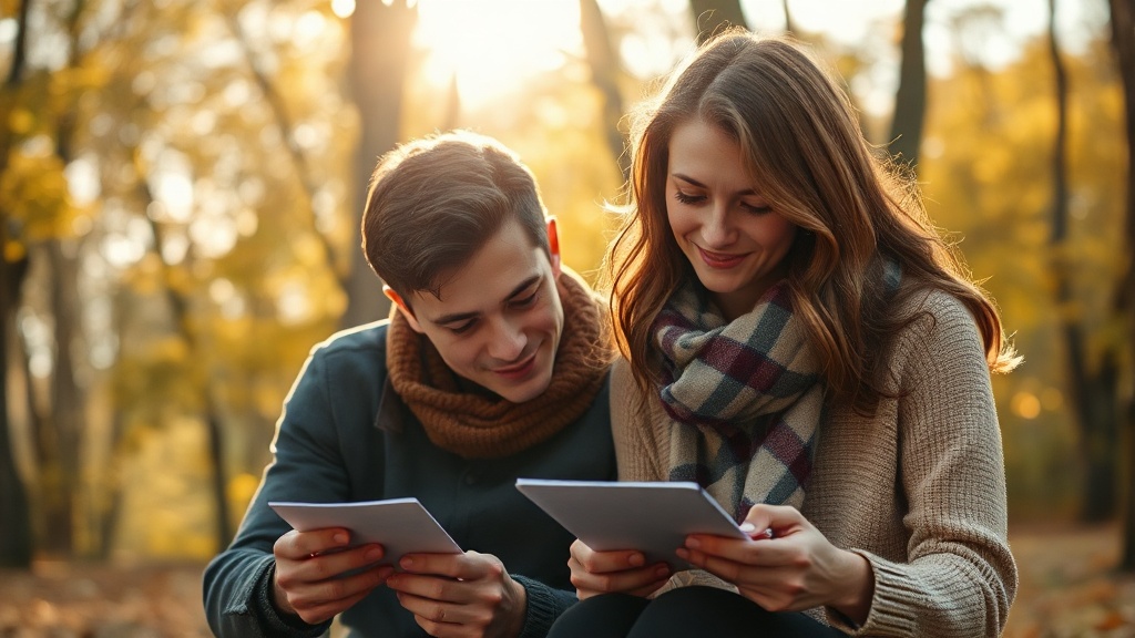 Two people reading letters together in autumn afternoon light