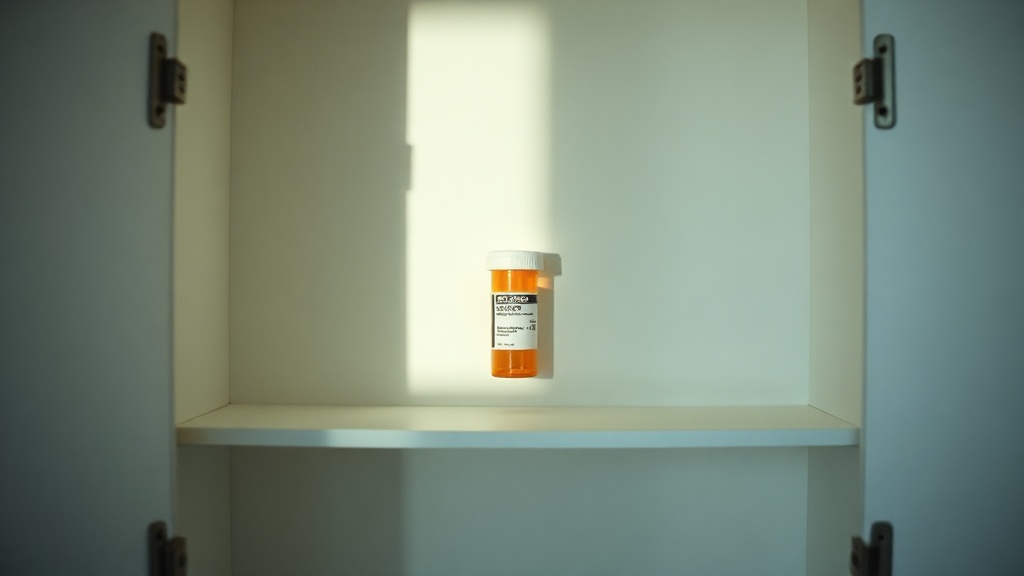 An empty medicine cabinet with one remaining orange prescription bottle on a shelf