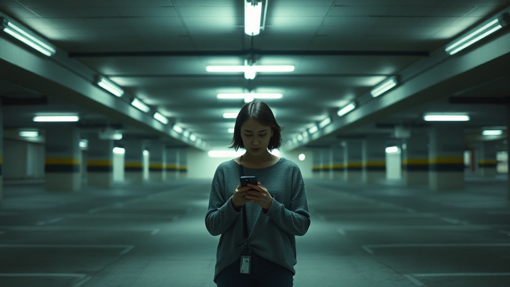 A person standing alone in a hospital parking garage looking at their phone