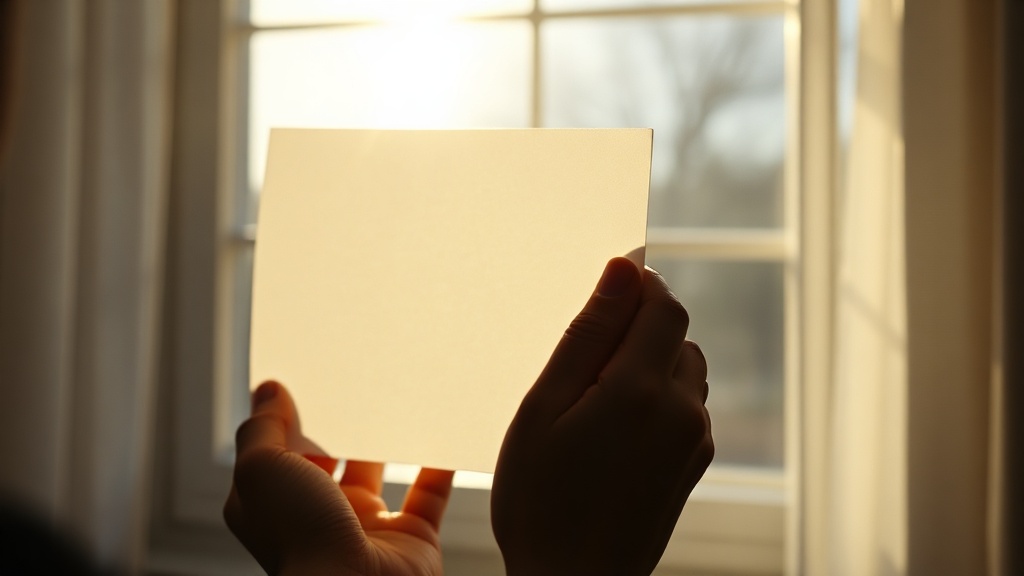 Hands holding a blank piece of paper against a window with soft morning light