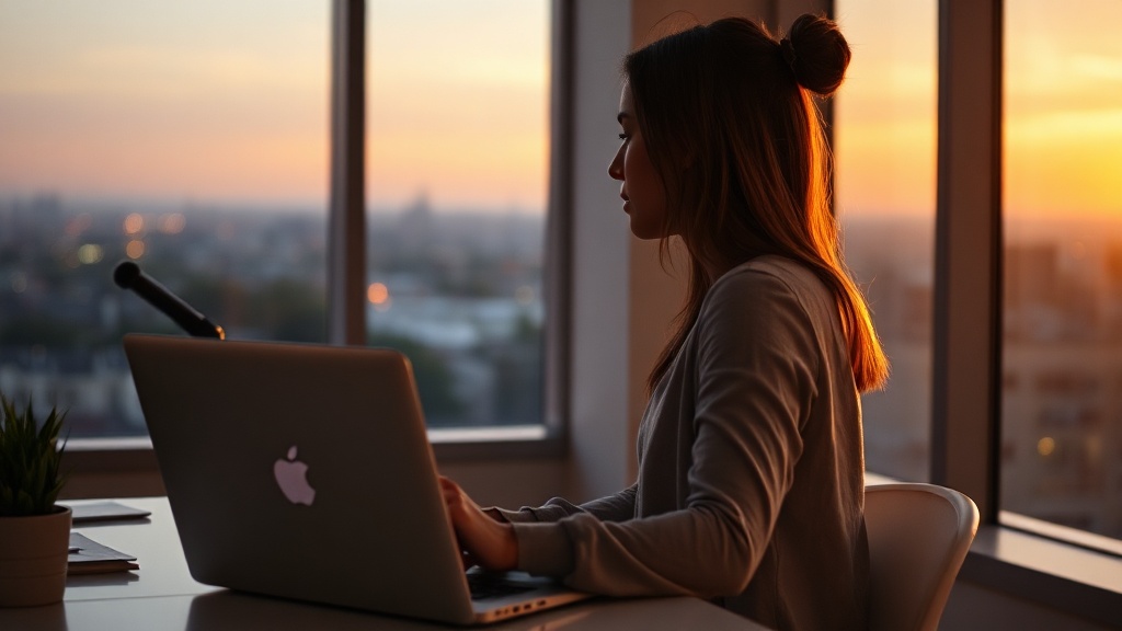 A professional woman pausing at her desk near sunset