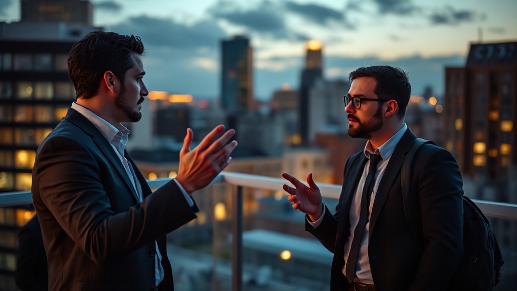 Two professionals having a candid conversation on a rooftop