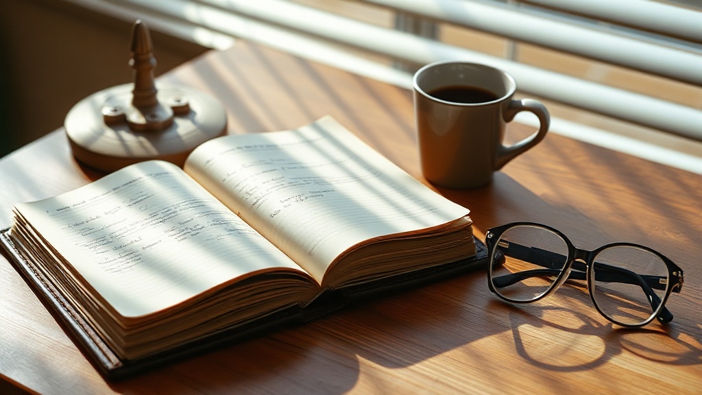 An open notebook with handwritten pages beside a cold coffee cup