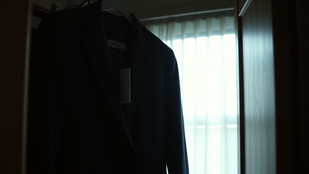 A navy blazer with price tag hanging in dimly lit closet