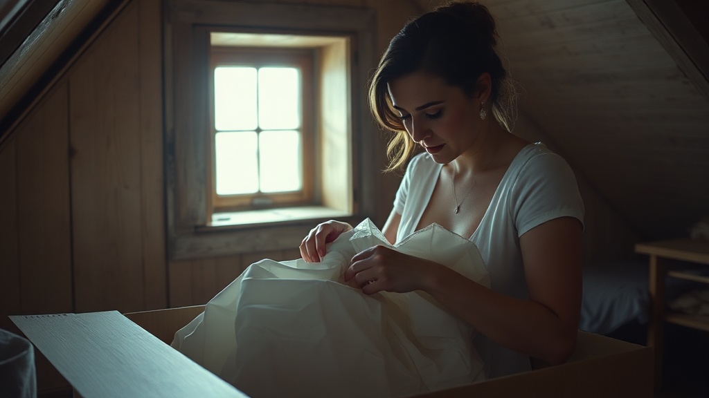 Woman folding wedding dress into storage box in attic light