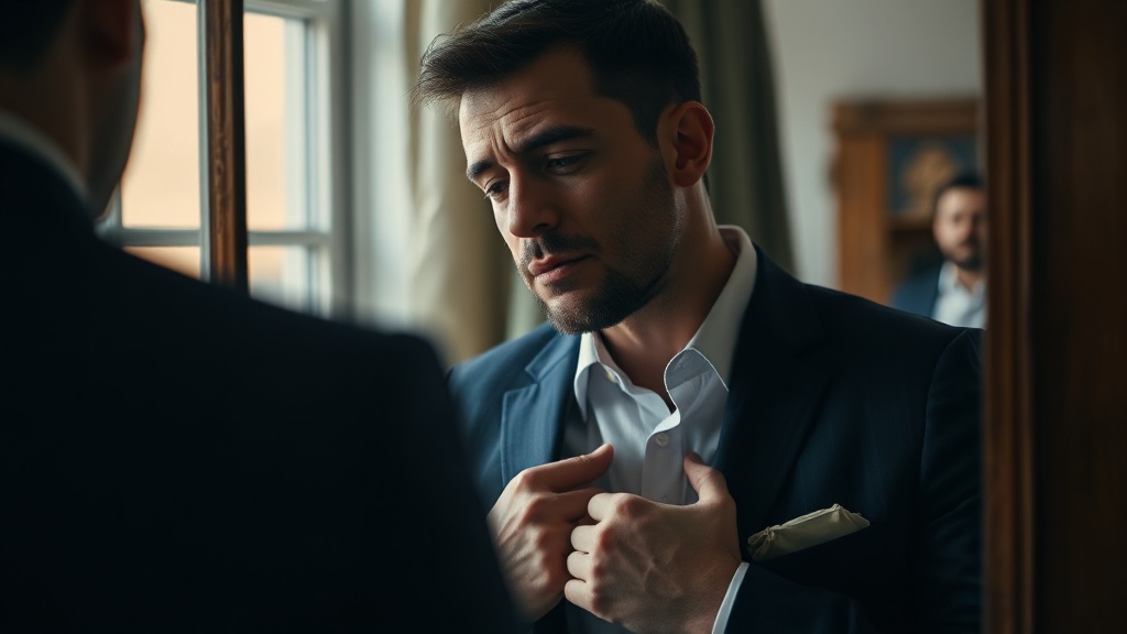 Man adjusting navy blazer in mirror before job interview