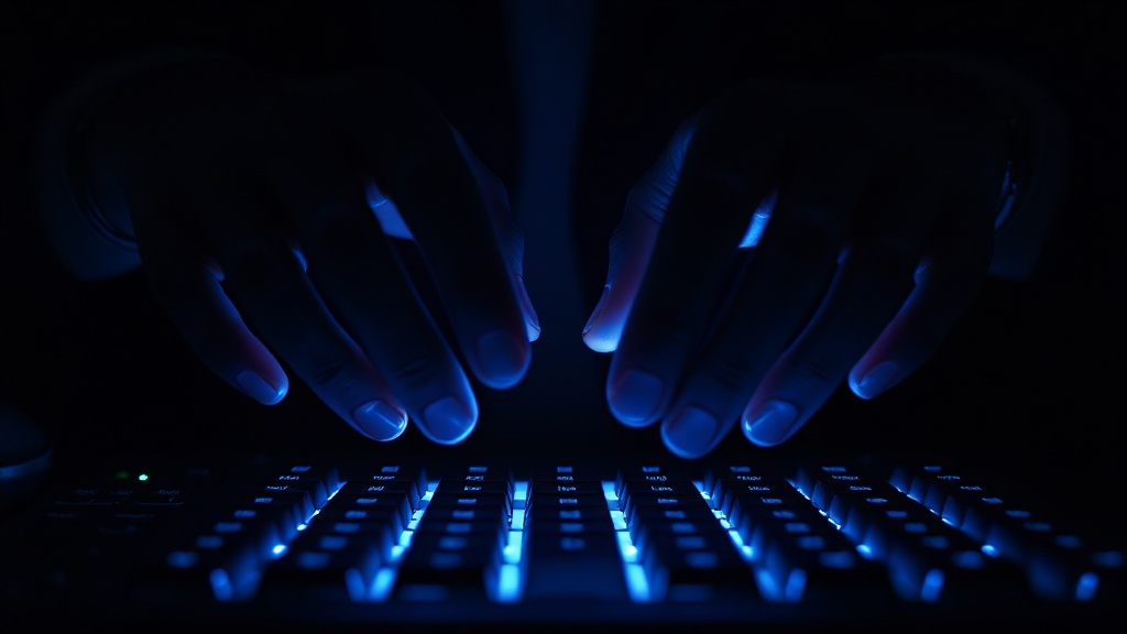 Hands hovering over a glowing keyboard in darkness