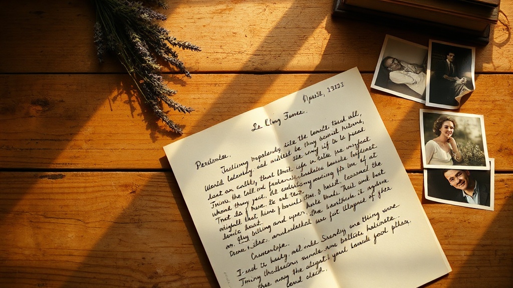 Open handwritten letter on wooden desk with dried flowers