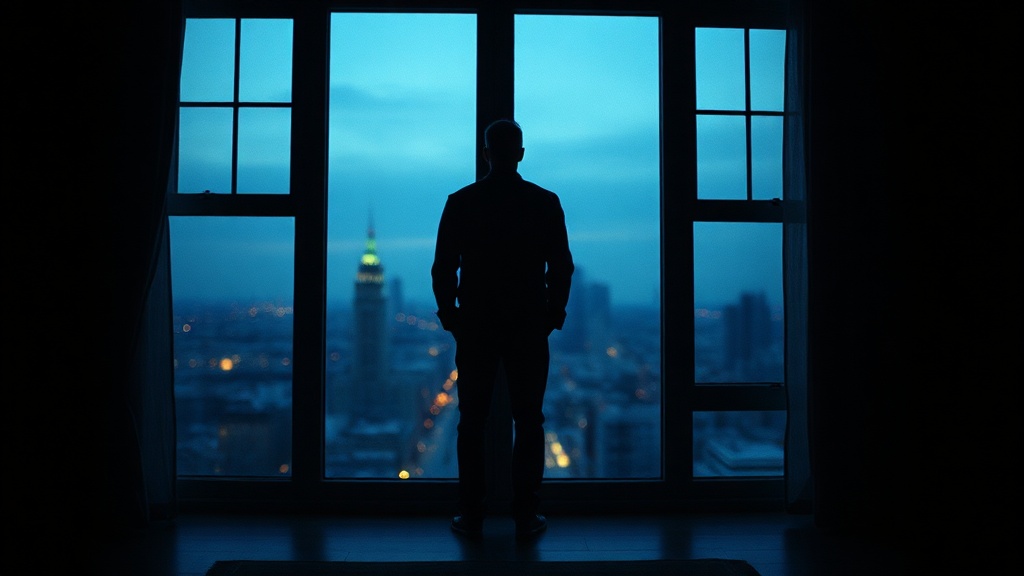 Silhouette of person at window looking at city lights at dusk