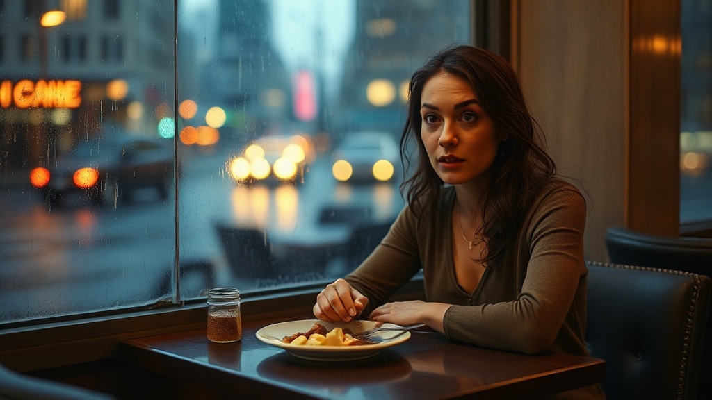 A woman sitting alone at a restaurant table by a rain-streaked window