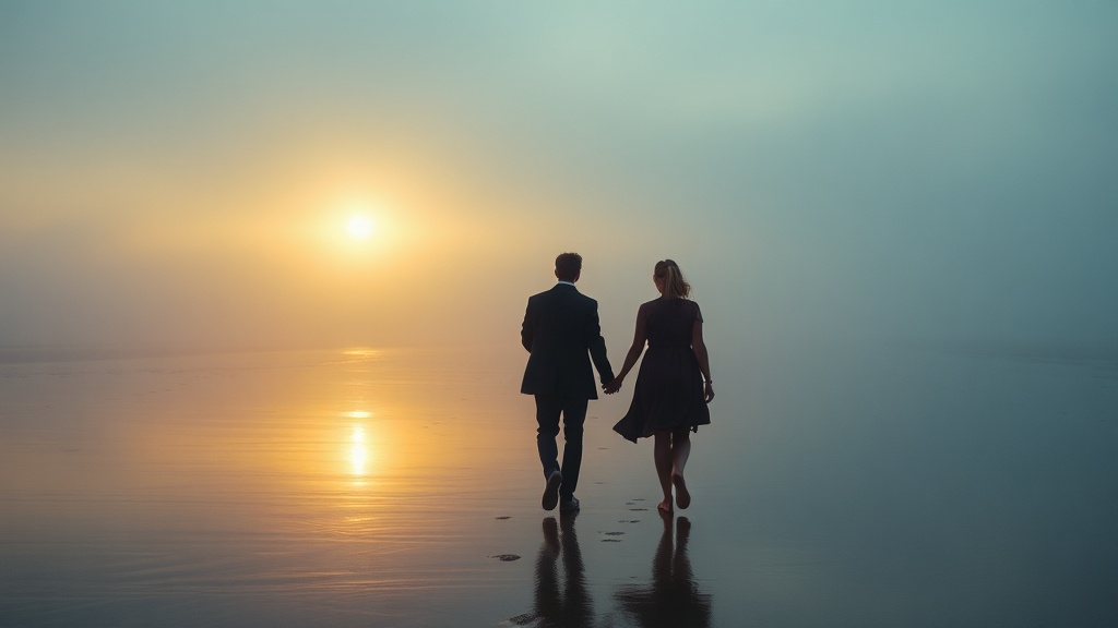 Two people walking close together on a foggy beach at dawn