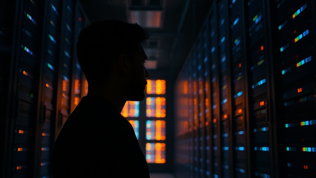Person staring at glowing server racks in dark room