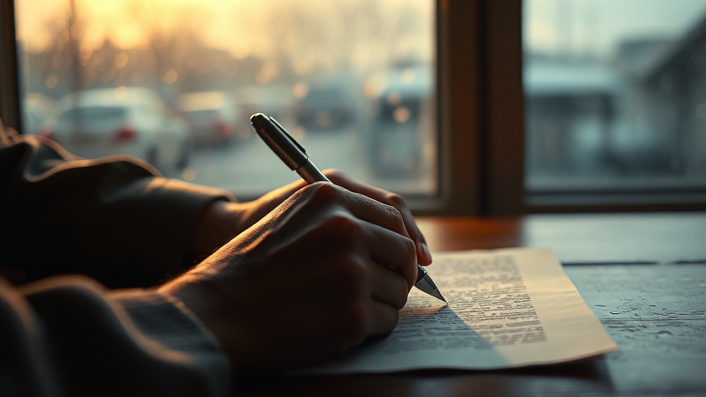 Hands writing letter by window with morning light