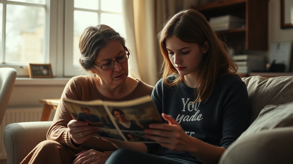 Mother and daughter looking at old photographs together