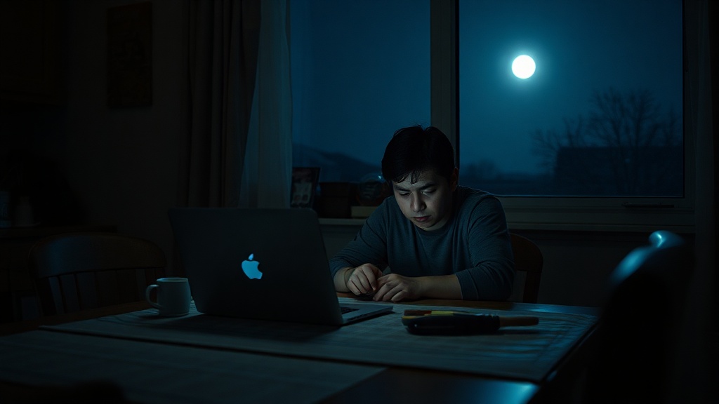 A parent working on laptop at 4 AM in dimly lit kitchen