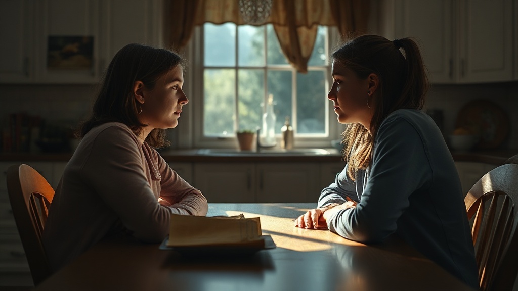 Mother and teenage daughter having serious conversation at kitchen table