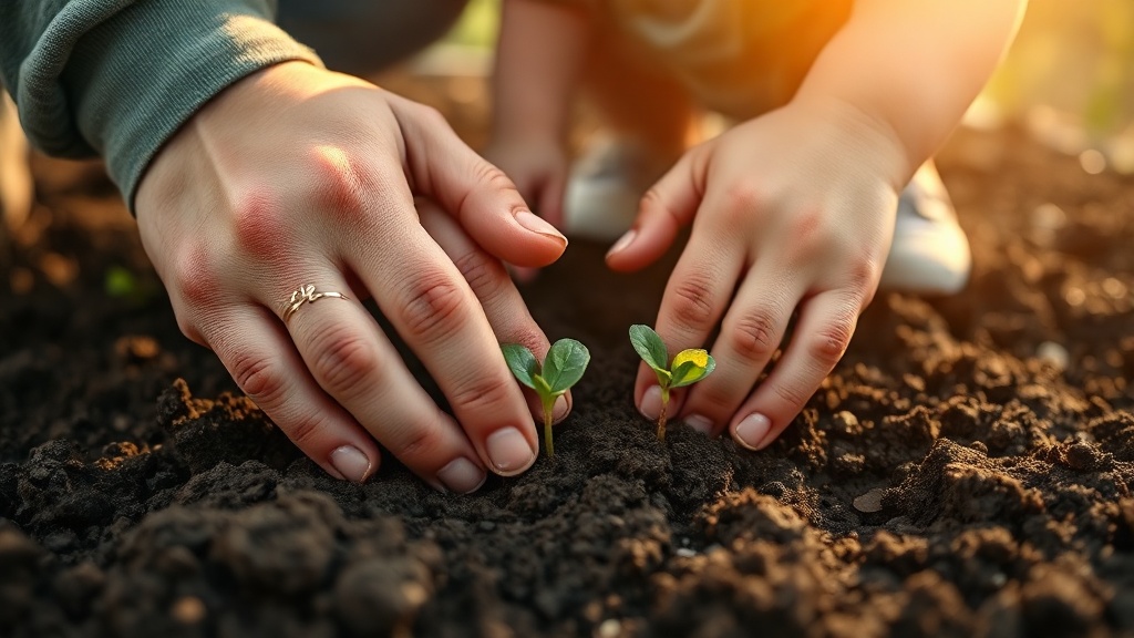 Hands of parent and child planting seeds together in garden soil