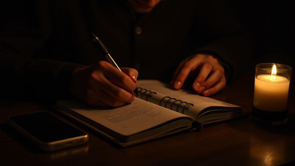 A person writing by candlelight in a dark room with phone face-down