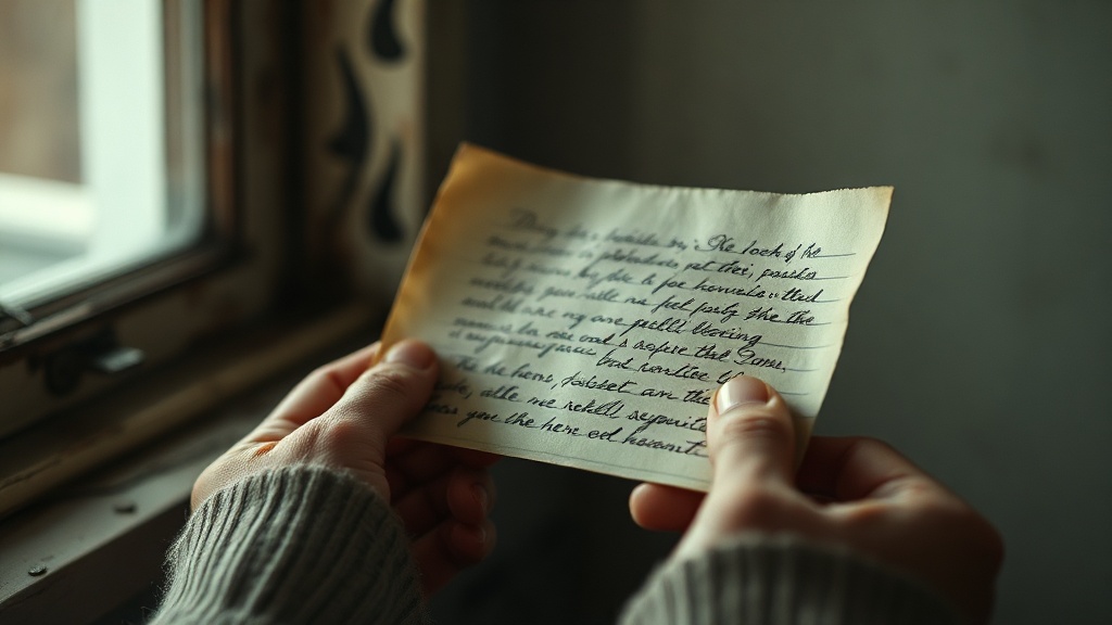 Hands holding aged paper letter with handwritten text visible