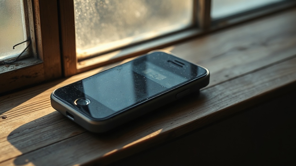 An old smartphone lying on a wooden windowsill with soft morning light