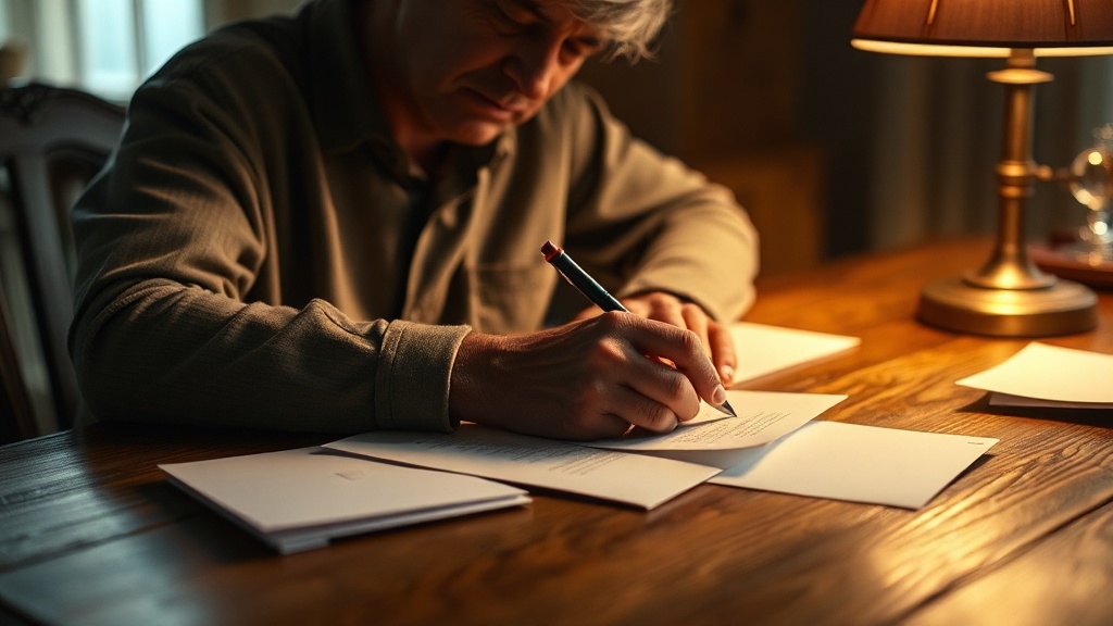 An adult writing a letter by hand at a desk with soft lamplight