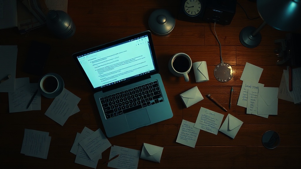 A desk with scattered handwritten notes and a glowing laptop