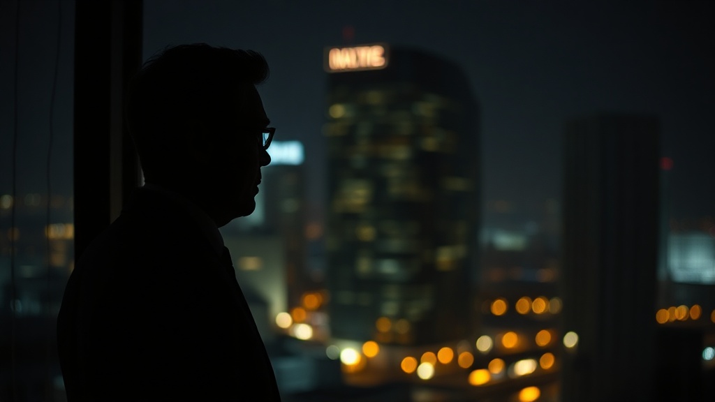 A person looking at their reflection in a darkened office window