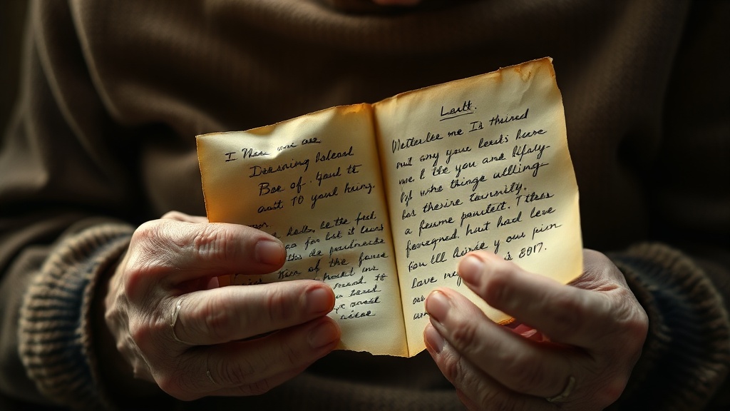 Hands holding a faded handwritten letter with crossed-out words and ink smudges