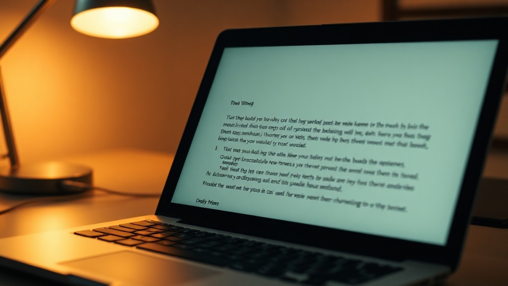 An open laptop screen showing a simple text editor with an unsent letter full of typos and handwritten-style annotations