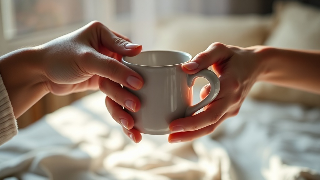 Two hands holding a warm mug in morning light