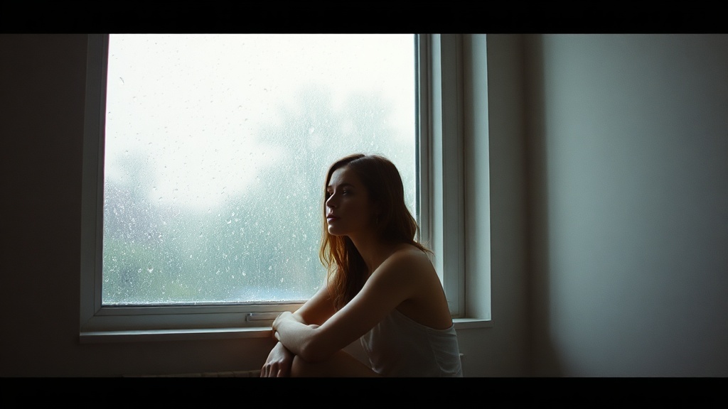 A woman sitting alone by a window in quiet reflection