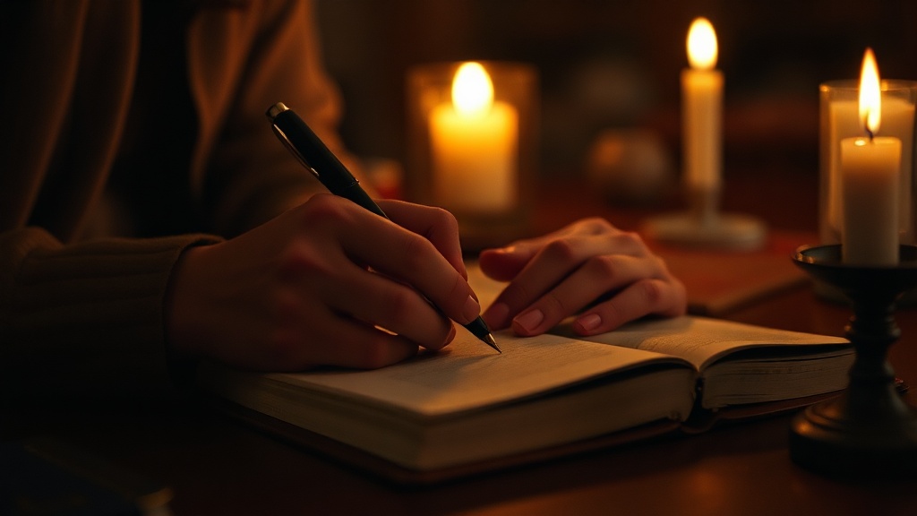 Hands writing in a journal by candlelight