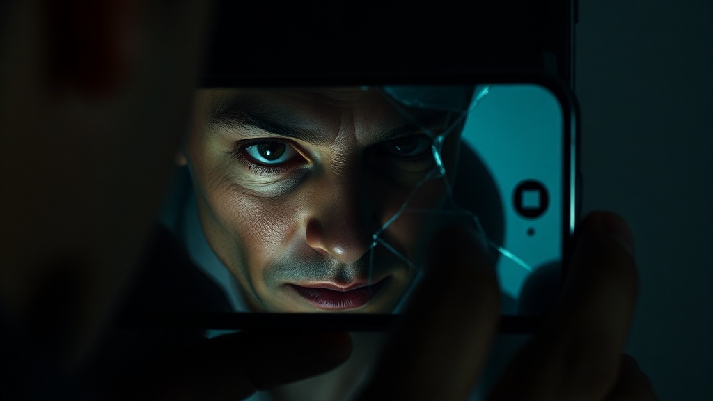 A person staring at their reflection in a cracked smartphone screen