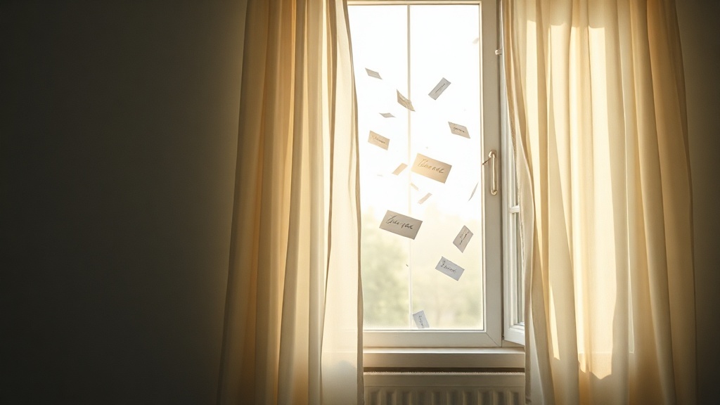 An open window with curtains billowing into a room filled with floating handwritten letters slowly dissolving into light particles