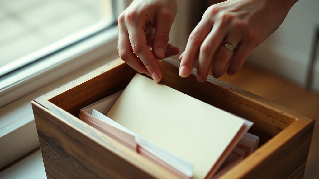 Hands placing a sealed envelope into a wooden box with other letters, soft natural window light