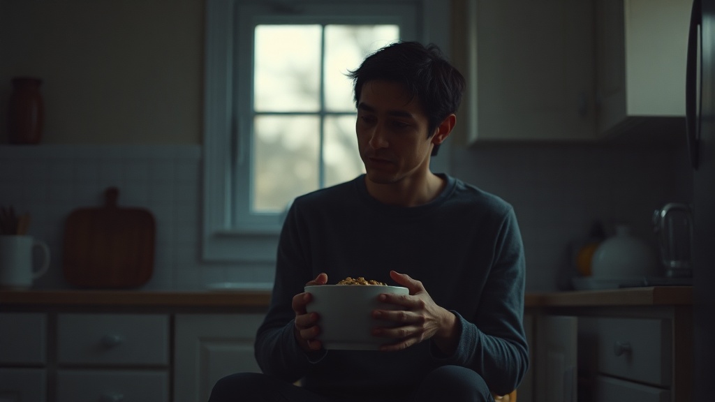 A parent sitting quietly in a dimly lit kitchen at dawn, holding a cereal bowl with both hands