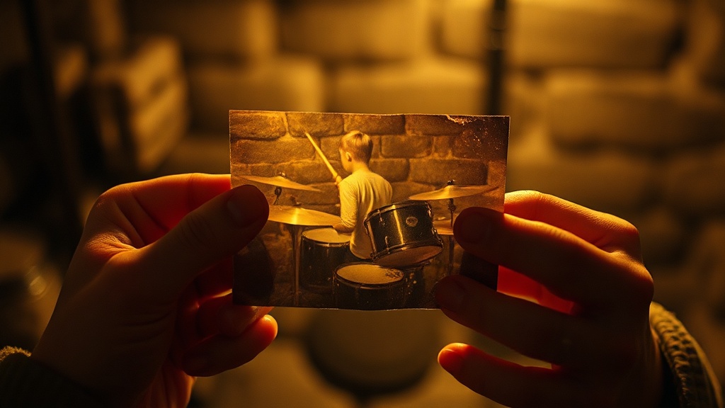 An adult's hands holding an old photograph of a younger person playing drums in a basement