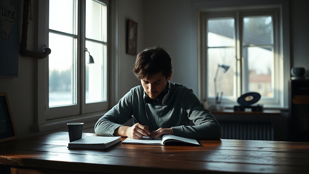 A person writing at a wooden desk by window light, with headphones and a vinyl record visible in the background