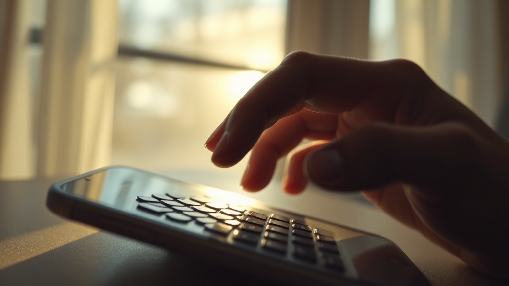 A hand hovering over a smartphone keyboard in soft morning light