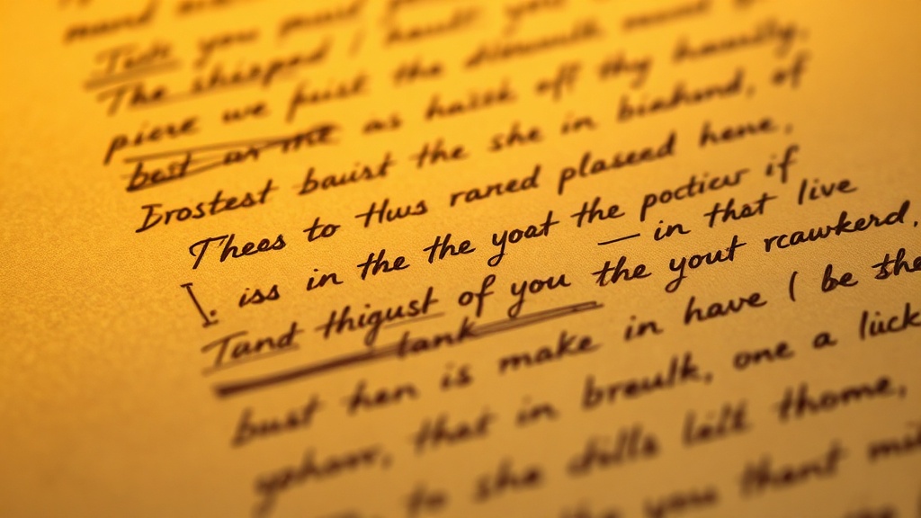 Close-up of handwritten letter with crossed-out words and ink smudges