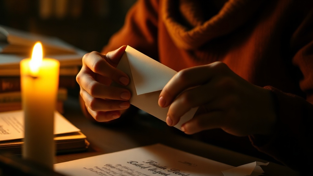 Person sealing an envelope by candlelight with visible emotional weight