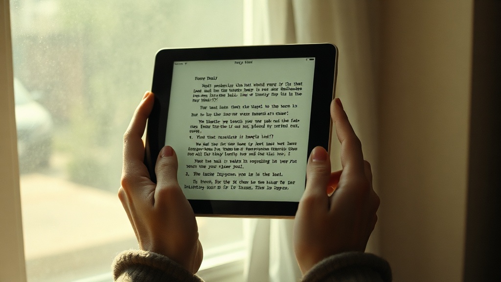 Hands holding an aged digital tablet displaying a letter with visible typos