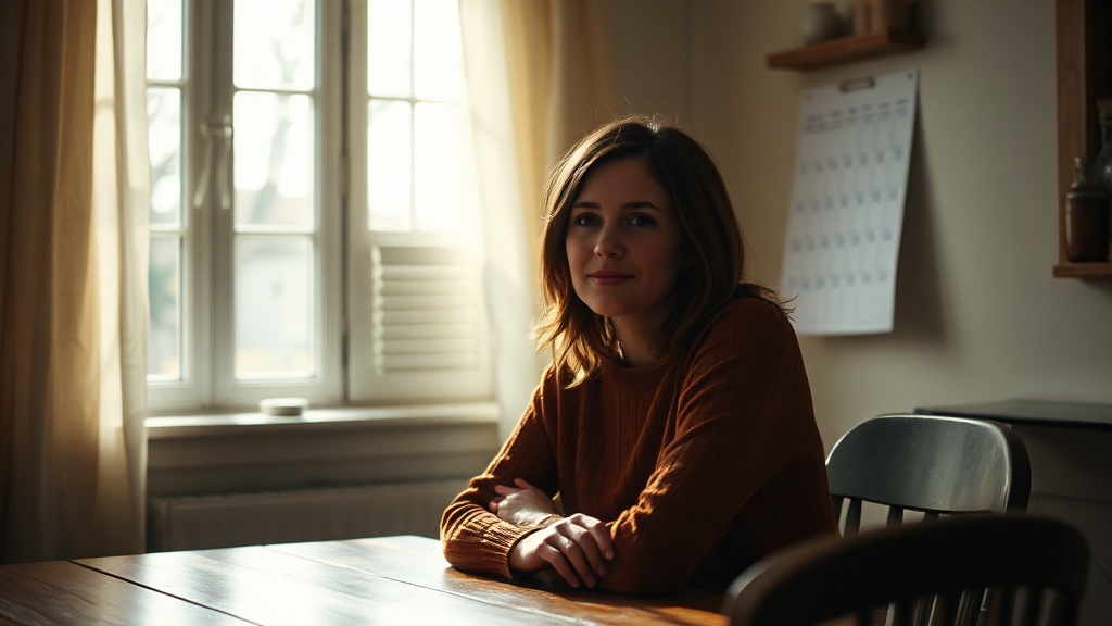 A woman sitting alone at a kitchen table in morning light, calendar visible but ignored